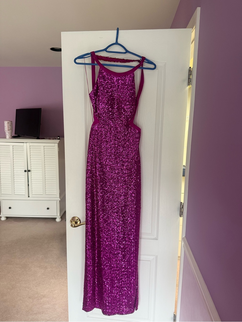 Women's Magenta Sequin Evening Gown - Sleeveless Cutout Dress
